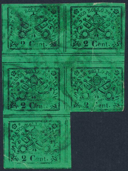 1867, Stato Pontificio, 2 cent. verde giallo (13), II emissione, annullato a Roma in blocco di cinque a seggiola  - Asta Filatelia e Storia Postale - Associazione Nazionale - Case d'Asta italiane