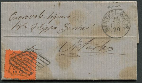 1870, Stato Pontificio, 10c. arancio vermiglio (26), III emissione, su lettera da Montefiascone (punti 4) a Viterbo  - Asta Filatelia e Storia Postale - Associazione Nazionale - Case d'Asta italiane