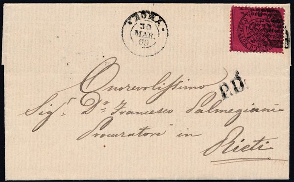 1869, Stato Pontificio, 20c. solferino (28) , III emissione, su lettera da Roma a Rieti.  - Asta Filatelia e Storia Postale - Associazione Nazionale - Case d'Asta italiane