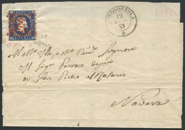 1853, Sardegna, lettera da Domodossola per Novara del 12 gennaio 1853.  - Asta Filatelia e Storia Postale - Associazione Nazionale - Case d'Asta italiane