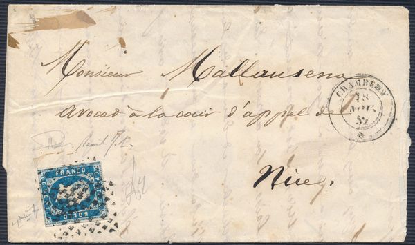 1852, Sardegna, Lettera da Chambery (Savoia)a Nizza affrancata con francobollo di Sardegna, I emissione, 1851, 20c. azzurro chiaro (2g)  - Asta Filatelia e Storia Postale - Associazione Nazionale - Case d'Asta italiane