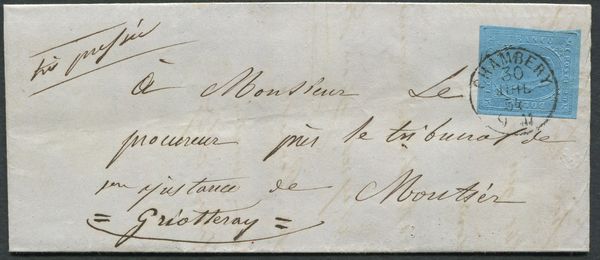 1854, Sardegna, 20c, azzurro II em. (S. 5) ben marginato, su lettera.  - Asta Filatelia e Storia Postale - Associazione Nazionale - Case d'Asta italiane