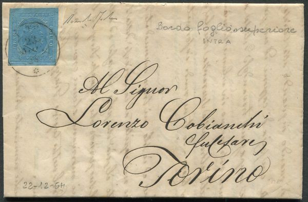 1854, Sardegna, Lettera da Intra per Torino affrancata con 20 cent. azzurro, II emissione (5)  - Asta Filatelia e Storia Postale - Associazione Nazionale - Case d'Asta italiane