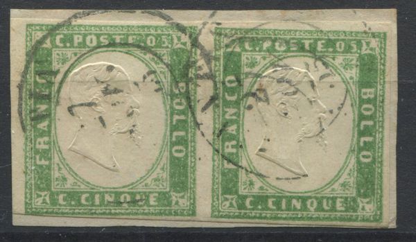 1855, Sardegna, Coppia, su frammento, del 5c. verde pisello (13c)  - Asta Filatelia e Storia Postale - Associazione Nazionale - Case d'Asta italiane