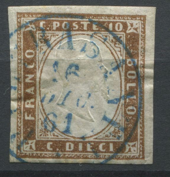 1861, Regno di Sardegna, 10 cent. bruno chiaro (14Cm) annullo PIETRASANTA in azzurro (punti 8)  - Asta Filatelia e Storia Postale - Associazione Nazionale - Case d'Asta italiane