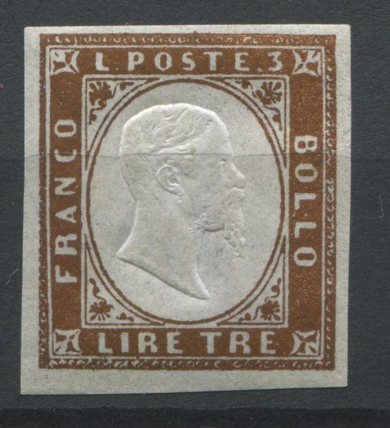 1861, Regno di Vittorio Emanuele II, 3 lire rame vivo Effigie di Vittorio Emanuele II  - Asta Filatelia e Storia Postale - Associazione Nazionale - Case d'Asta italiane