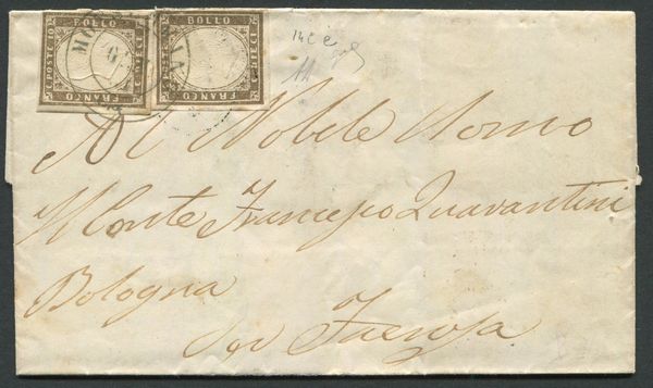 1861. Toscana. Lettera da Monsummano a Faenza affrancata con due francobolli sardi, 1861, 10c. bruno cioccolato scuro (14Ce)  - Asta Filatelia e Storia Postale - Associazione Nazionale - Case d'Asta italiane