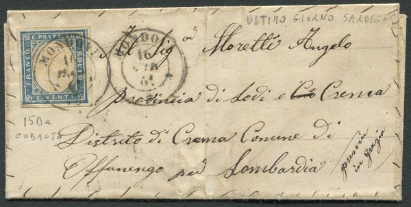 1861, Sardegna/Regno dItalia, Lettera da Mondov del 16 marzo 1861 per Offanengo, affrancata con 20 cent. di Sardegna.  - Asta Filatelia e Storia Postale - Associazione Nazionale - Case d'Asta italiane