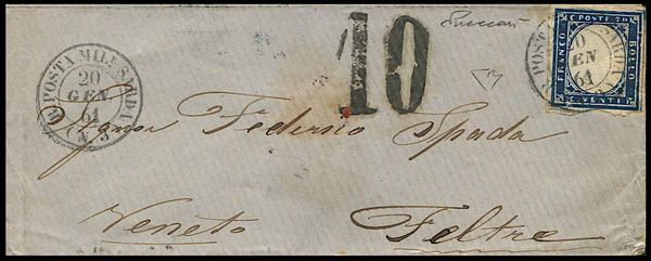 1861, Sardegna, Assedio di Gaeta, Lettera da R. POSTA MIL.RE SARDA (3) per Feltre del 20 gennaio 1861  - Asta Filatelia e Storia Postale - Associazione Nazionale - Case d'Asta italiane