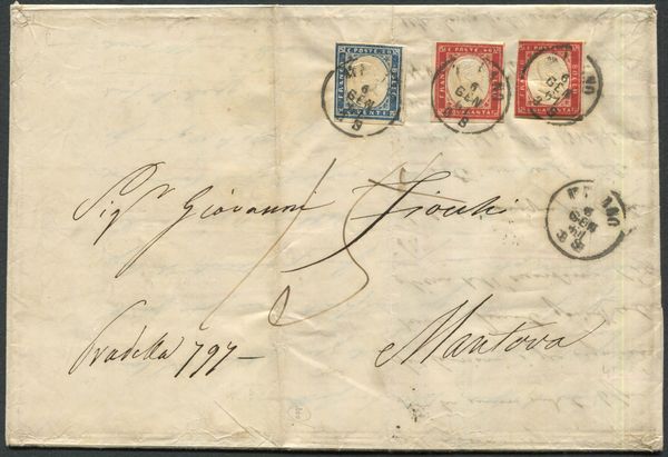 1861, Sardegna, Lettera da Milano a Mantova con francobolli della IV, 20c. celeste  (15D) e due esemplari 40c. rosso carminio (16D)  - Asta Filatelia e Storia Postale - Associazione Nazionale - Case d'Asta italiane