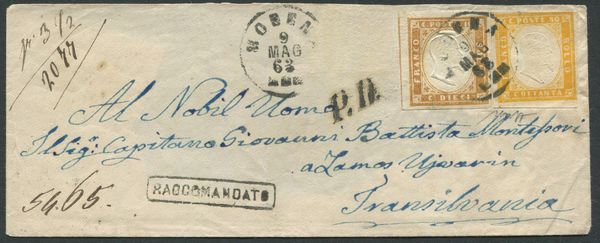 1863,Sardegna, Lettera da Modena a Szmos Ujvr (Transilvania) con francobolli (IV emissione, 10c. bistro (14E) e 80c. arancio carico (17D)  - Asta Filatelia e Storia Postale - Associazione Nazionale - Case d'Asta italiane