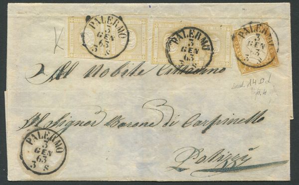 1863, Regno di Vittorio Emanuele II, lettera da Palermo a Polizzi affrancata con due coppie del 2c. giallo chiaro Cifra in rilievo + 10c. giallo ocra IV emissione di Sardegna. Combinazione di affrancatura inedita  - Asta Filatelia e Storia Postale - Associazione Nazionale - Case d'Asta italiane