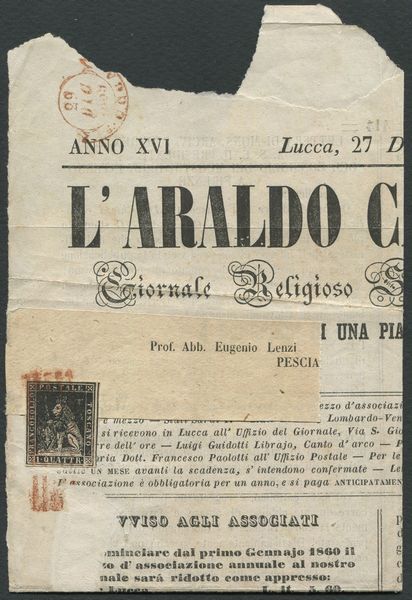 1859, Toscana, Giornale LAraldo Cattolico del 27 dicembre da Lucca a Pescia affrancato su parte di fascetta con, 1857, 1 quattrino nero Marzocco (10)  - Asta Filatelia e Storia Postale - Associazione Nazionale - Case d'Asta italiane