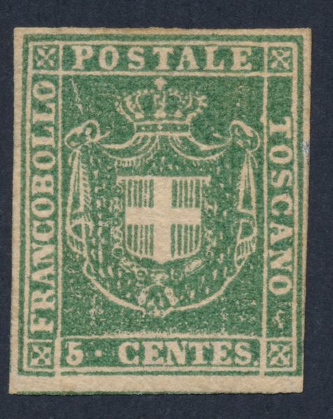 1860, Toscana, Governo provvisorio, 5 cent. verde (18), gomma originale  - Asta Filatelia e Storia Postale - Associazione Nazionale - Case d'Asta italiane