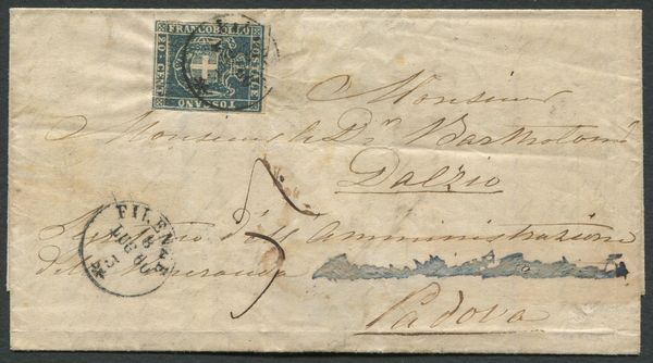 1860, Toscana, Governo provvisorio, Lettera da Firenze a Padova con 20c. azzurro grigio (20b)  - Asta Filatelia e Storia Postale - Associazione Nazionale - Case d'Asta italiane