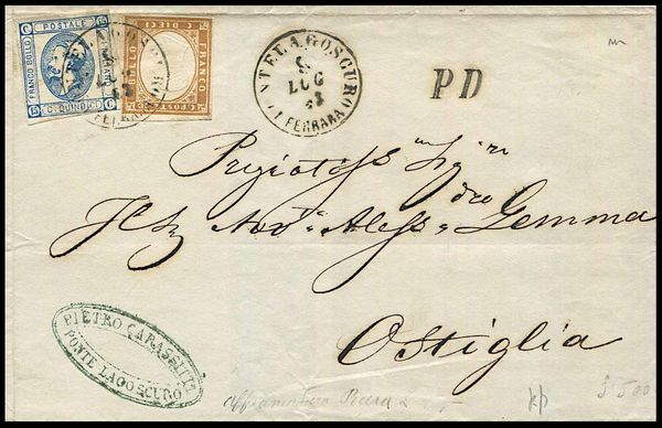 1863, Regno dItalia, lettera da Pontelagoscuro per Ostiglia del 9 luglio 1863  - Asta Filatelia e Storia Postale - Associazione Nazionale - Case d'Asta italiane