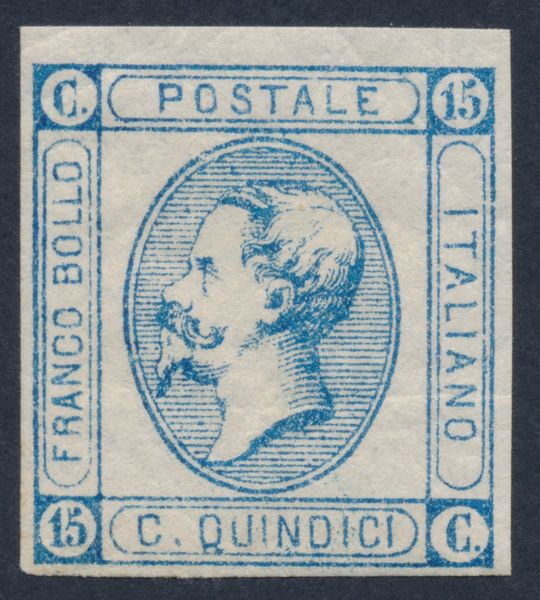 1863, Regno dItalia, 15c. azzurro, I tipo, (12) con gomma integra screpolata  - Asta Filatelia e Storia Postale - Associazione Nazionale - Case d'Asta italiane