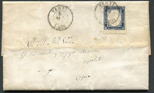 1862, Regno dItalia, Lettera da Terni per Cascia, del 5 settembre 1862, affrancata con 20 cent. indaco, bordo di foglio inferiore non dentellato (2k)  - Asta Filatelia e Storia Postale - Associazione Nazionale - Case d'Asta italiane