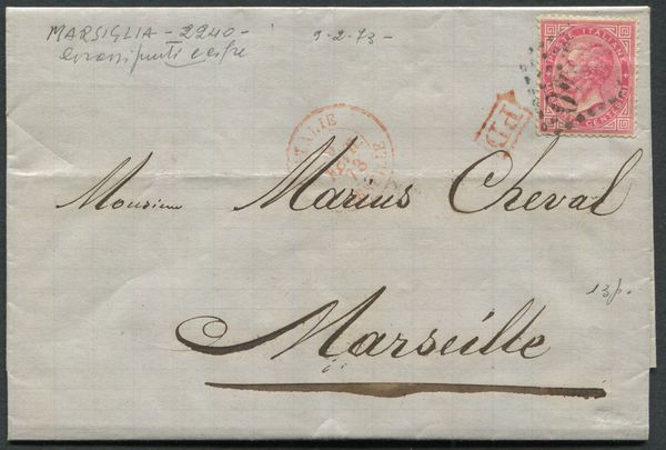 1873, Regno dItalia, Lettera da Genova a Marsiglia affrancata con 40c. DLR (L20)  - Asta Filatelia e Storia Postale - Associazione Nazionale - Case d'Asta italiane