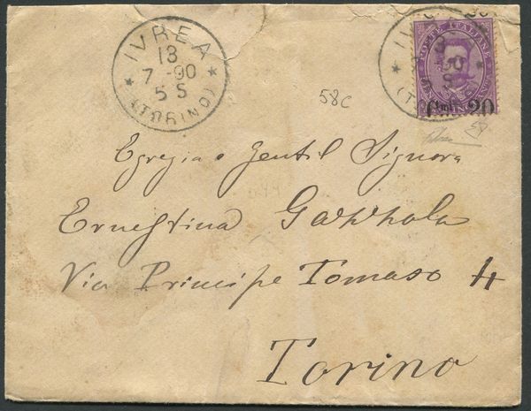 1890, Regno dItalia, busta da Ivrea per Torino del 13 luglio 1890, affrancata con 20 cent. su 50 c. violetto (58c) con la sovrastampa fortemente spostata in senso verticale (a cavallo)  - Asta Filatelia e Storia Postale - Associazione Nazionale - Case d'Asta italiane