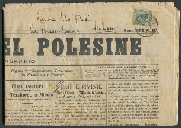 1914, Giornale Corriere del Polesine affrancato per 5 cent. con Eff. Vitt. Em. III (81)  - Asta Filatelia e Storia Postale - Associazione Nazionale - Case d'Asta italiane