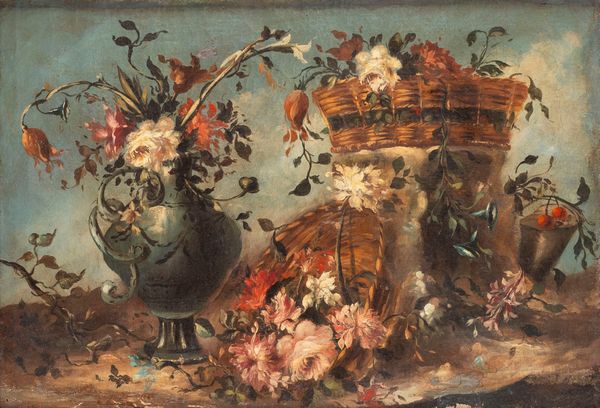 Seguace di Francesco Guardi : Natura morta con vaso e ceste di fiori en plein air  - Asta Dipinti e Disegni Antichi - Associazione Nazionale - Case d'Asta italiane