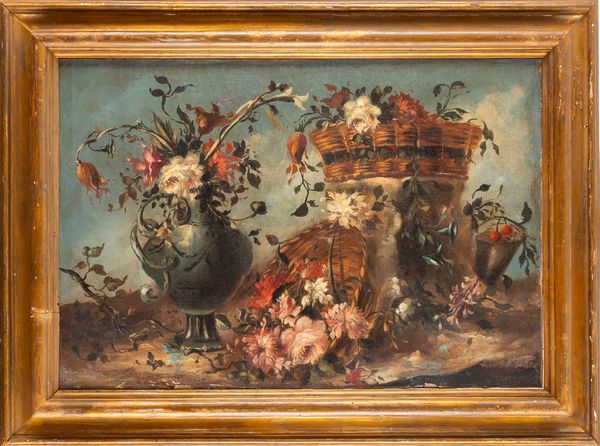 Seguace di Francesco Guardi : Natura morta con vaso e ceste di fiori en plein air  - Asta Dipinti e Disegni Antichi - Associazione Nazionale - Case d'Asta italiane