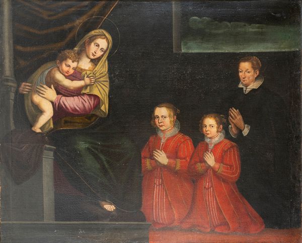 Scuola lombarda, fine secolo XVI - inizi secolo XVII : Madonna con Bambino con donatrice e le sue figlie  - Asta Dipinti e Disegni Antichi - Associazione Nazionale - Case d'Asta italiane