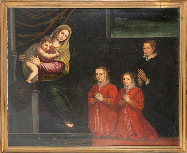 Scuola lombarda, fine secolo XVI - inizi secolo XVII : Madonna con Bambino con donatrice e le sue figlie  - Asta Dipinti e Disegni Antichi - Associazione Nazionale - Case d'Asta italiane