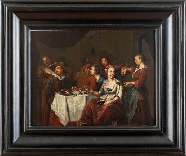 Ambito di Hendrick Govaerts (1669-1720) : Scena d'interno con banchetto  - Asta Dipinti e Disegni Antichi - Associazione Nazionale - Case d'Asta italiane