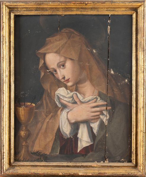 Scuola toscana, fine secolo XVI - inizi secolo XVII : Madonna in preghiera con il calice del sangue di Cristo  - Asta Dipinti e Disegni Antichi - Associazione Nazionale - Case d'Asta italiane