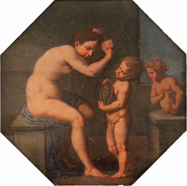 Scuola emiliana, secolo XVII : Toeletta di Venere  - Asta Dipinti e Disegni Antichi - Associazione Nazionale - Case d'Asta italiane