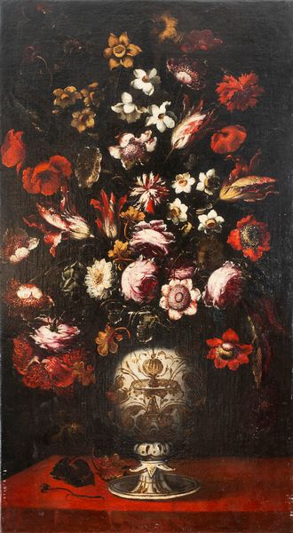 Scuola napoletana, secolo XVII : Rose, narcisi, garofani e altri fiori in un vaso decorato su un tavolo  - Asta Dipinti e Disegni Antichi - Associazione Nazionale - Case d'Asta italiane