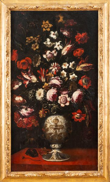 Scuola napoletana, secolo XVII : Rose, narcisi, garofani e altri fiori in un vaso decorato su un tavolo  - Asta Dipinti e Disegni Antichi - Associazione Nazionale - Case d'Asta italiane