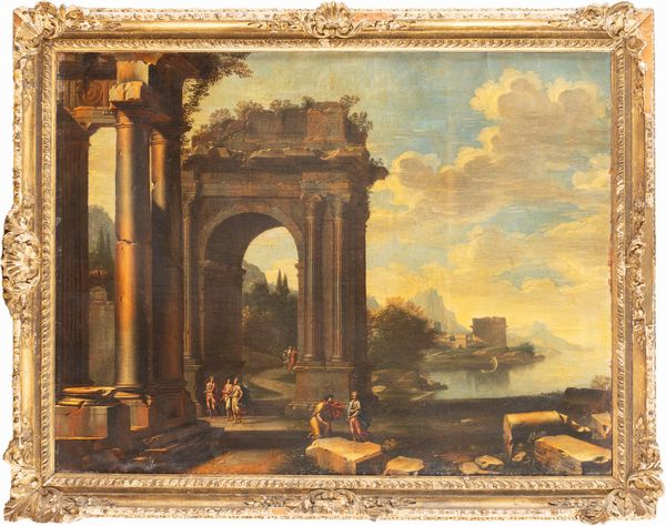 Attribuito a Giovanni Ghisolfi (Milano 1623 - 1683) : Capriccio architettonico lungo la costa  - Asta Dipinti e Disegni Antichi - Associazione Nazionale - Case d'Asta italiane