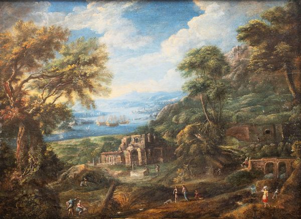 Scuola tedesca, secolo XVII : Paesaggio con casolare e fiume in lontananza  - Asta Dipinti e Disegni Antichi - Associazione Nazionale - Case d'Asta italiane