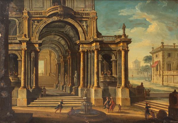 Scuola dell'Italia settentrionale, secolo XVIII : Capriccio architettonico con astanti  - Asta Dipinti e Disegni Antichi - Associazione Nazionale - Case d'Asta italiane