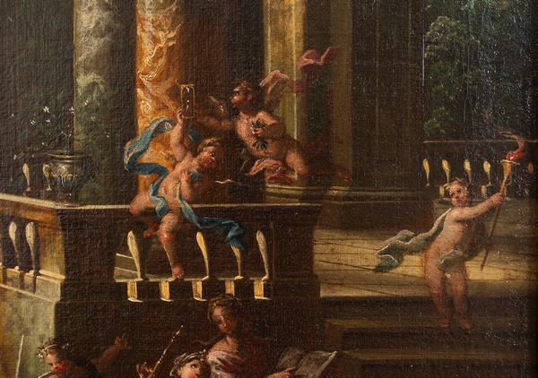 Scuola bolognese, secolo XVIII : Due capricci architettonici con figure  - Asta Dipinti e Disegni Antichi - Associazione Nazionale - Case d'Asta italiane