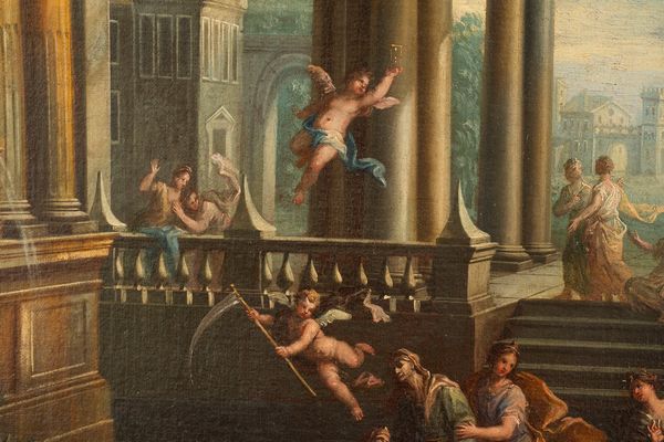 Scuola bolognese, secolo XVIII : Due capricci architettonici con figure  - Asta Dipinti e Disegni Antichi - Associazione Nazionale - Case d'Asta italiane