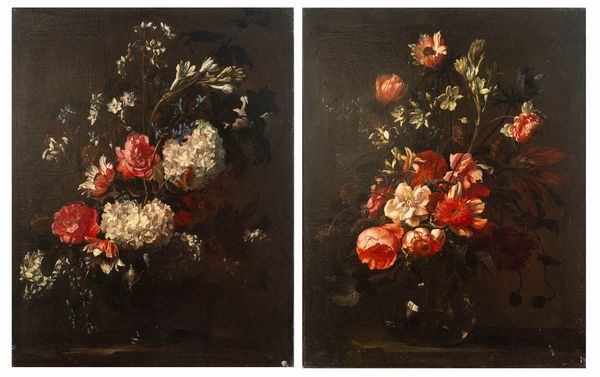 Andrea Belvedere : Rose, ortensie e narcisi in un vaso di vetro; e Rose, peonie e altri fiori in un vaso di vetro  - Asta Dipinti e Disegni Antichi - Associazione Nazionale - Case d'Asta italiane