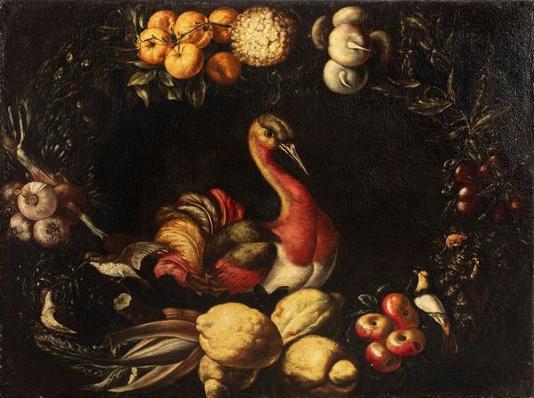 Scuola napoletana, secolo XVII : Ghirlanda di frutta e ortaggi con pennuto e altri volatili  - Asta Dipinti e Disegni Antichi - Associazione Nazionale - Case d'Asta italiane