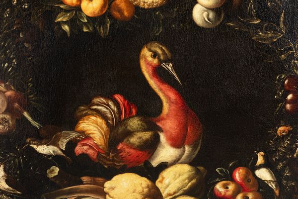 Scuola napoletana, secolo XVII : Ghirlanda di frutta e ortaggi con pennuto e altri volatili  - Asta Dipinti e Disegni Antichi - Associazione Nazionale - Case d'Asta italiane