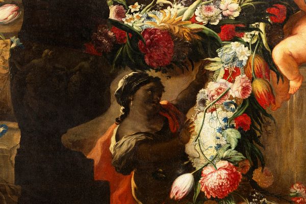 Andrea Belvedere, : Due trionfi di fiori e frutta con putti e architetture classiche en plein air  - Asta Dipinti e Disegni Antichi - Associazione Nazionale - Case d'Asta italiane