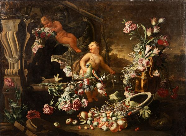 Andrea Belvedere, : Due trionfi di fiori e frutta con putti e architetture classiche en plein air  - Asta Dipinti e Disegni Antichi - Associazione Nazionale - Case d'Asta italiane