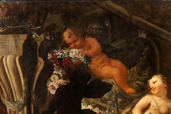 Andrea Belvedere, : Due trionfi di fiori e frutta con putti e architetture classiche en plein air  - Asta Dipinti e Disegni Antichi - Associazione Nazionale - Case d'Asta italiane