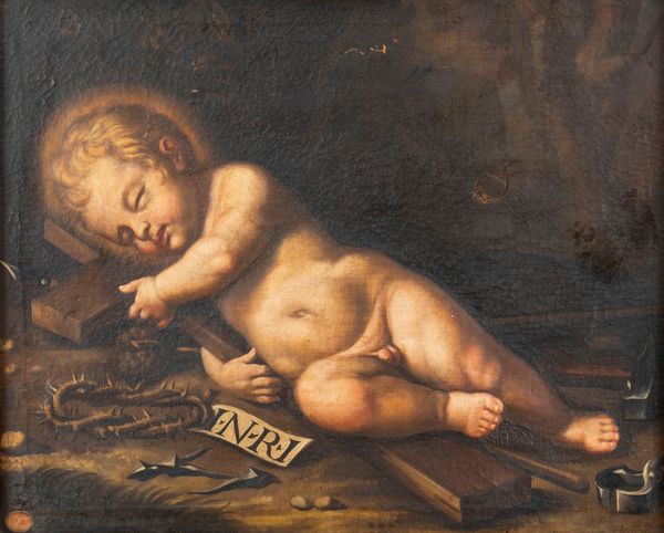 Scuola emiliana, secolo XVII : Ges Bambino dormiente con i simboli della Passione  - Asta Dipinti e Disegni Antichi - Associazione Nazionale - Case d'Asta italiane