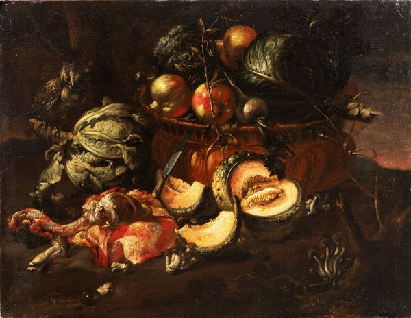 Felice Boselli : Frattaglie, verdure e frutti con civetta  - Asta Dipinti e Disegni Antichi - Associazione Nazionale - Case d'Asta italiane