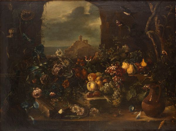 Scuola fiamminga, secolo XVII : Trionfo di fiori e frutta in un portico con giardino in lontananza  - Asta Dipinti e Disegni Antichi - Associazione Nazionale - Case d'Asta italiane