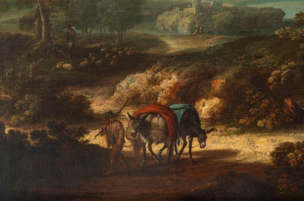 Attribuito a Frederik de Moucheron (Emden 1633 – Amsterdam 1686) : Paesaggio boschivo con viandanti  - Asta Dipinti e Disegni Antichi - Associazione Nazionale - Case d'Asta italiane