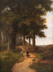 Hendrick Pieter Koekkoek - Paesaggio con contadina su un sentiero nel bosco